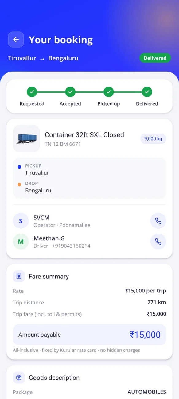 Truck booking progress, driver details and fare summary