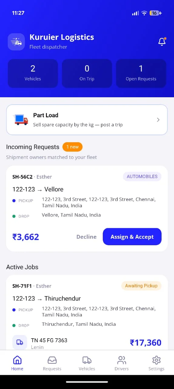 Fleet booking request with vehicle, route, price and accept-and-assign action