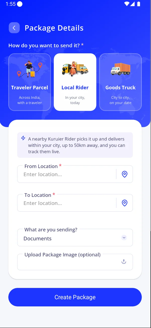 Local Rider booking: pickup, drop and parcel details