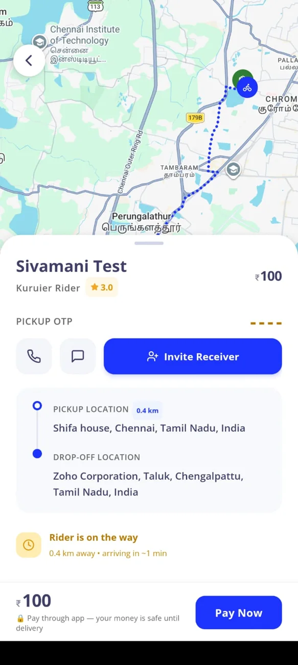Local Rider delivery map with route, status and payment
