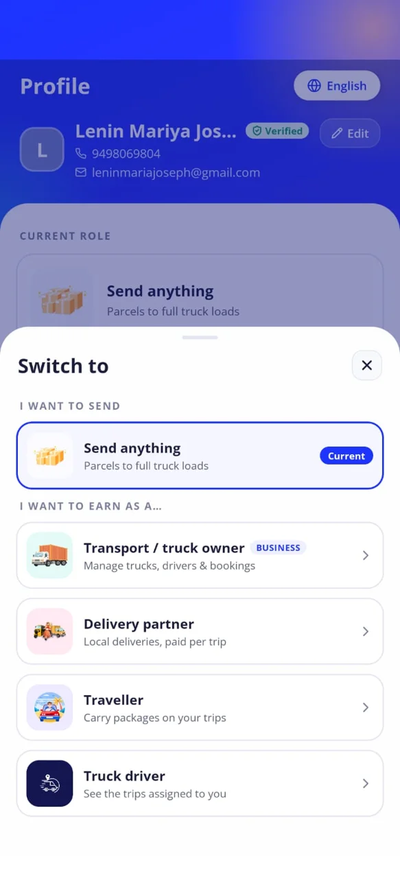 Kuruier role switcher for senders, transport owners and delivery partners