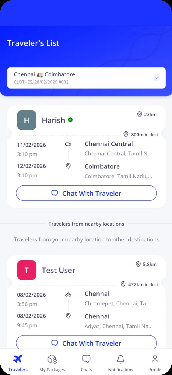 Available traveler trips with routes, prices and chat options