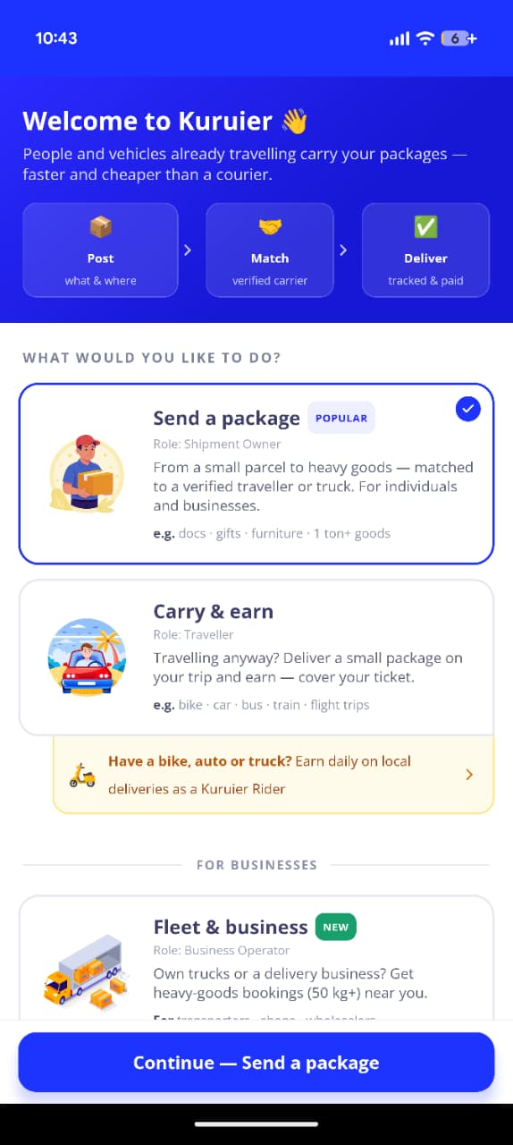 Choose your role — Send, Carry, Ride or Fleet